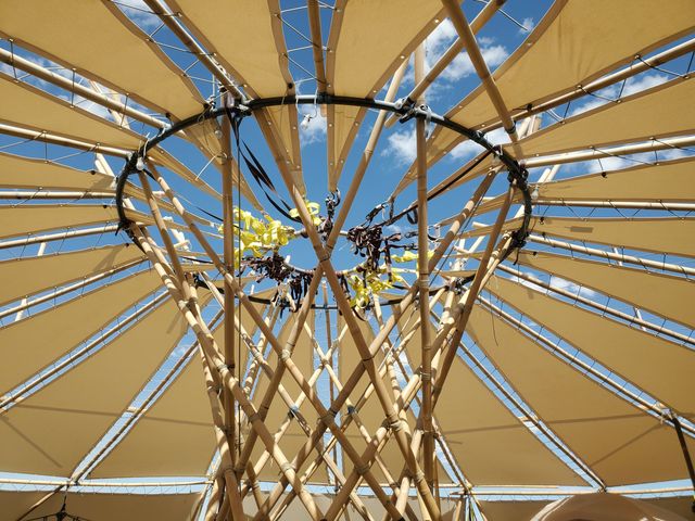 Straight up into the hub ring, every spoke radiating out from it.
