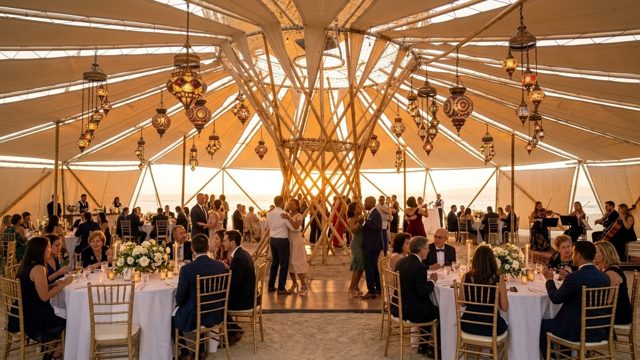 Render: the Pavilion as a wedding tent, tables under the lanterns at sunset.