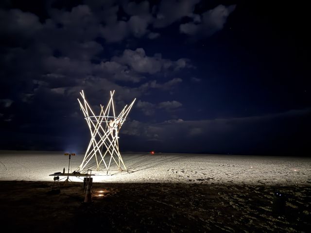 Night build on the open playa: the lit trunk against a moonlit sky.
