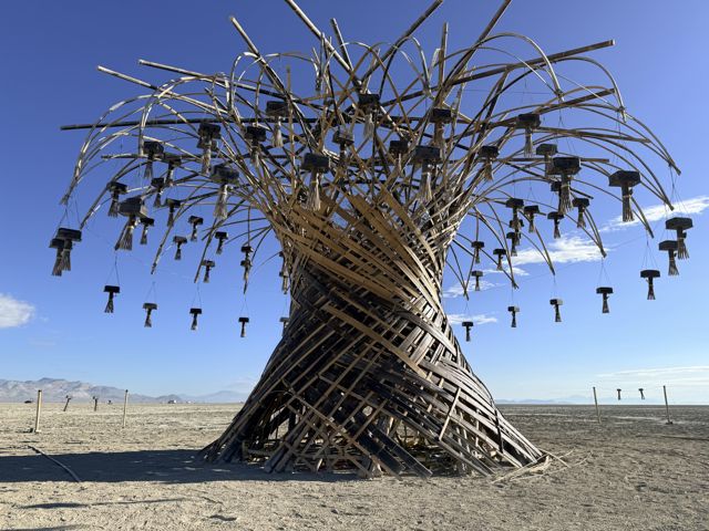The Resonance Tree: woven trunk, arcing canopy, lanterns waiting for night.
