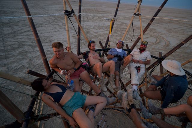 Day one done: the crew fills the top ring at dusk.